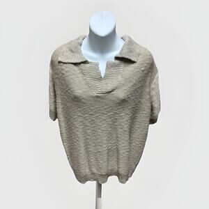 Mod Ref Womens Short Sleeve Sweater Size M Ivory Textured V-Neck Casual Top